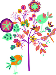 Tree vector illustration. Hand drawing flowers, butterflies, birds and dragonflies on colorful tree
