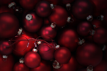 merry christmas, eyeglasses red spectacles on balls background, useful as a greeting gift card or promotional template with copy space