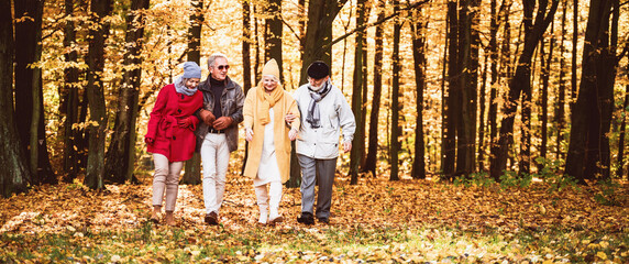 Group of happy senior friends walking in autumn park.