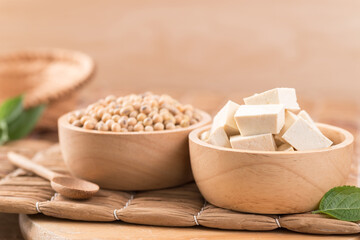 Fresh cube tofu and soybean seeds in a bowl prepare for cooking, Asian vegan food