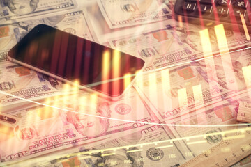 Double exposure of forex graph drawing over us dollars bill background. Concept of financial markets.