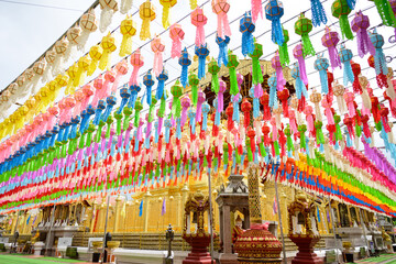 Colorful paper lanterns Lanna style hanging for worship or respect of buddha at Wat Phra That Hariphunchai, Lamphun. Lanterns festival in Loy Krathong or Yee Peng in northern of Thailand