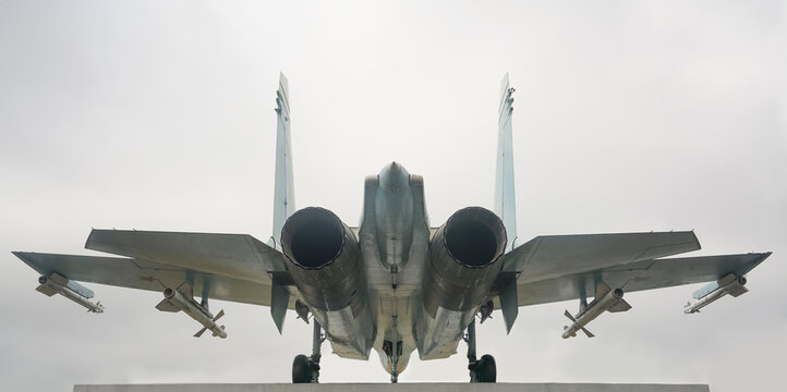 Fighter SU-27 at air show in  Russia. isolated on white or gray background. Fighter Jet High Resolution