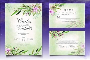 Watercolor wedding invitation floral and leaves card template