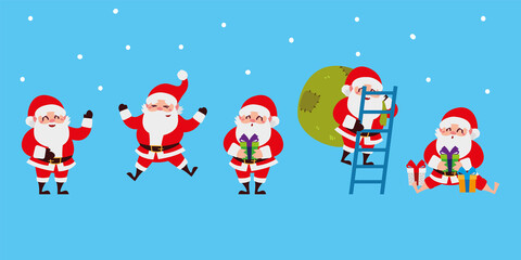christmas santa claus set icons with ladder, gifts celebration