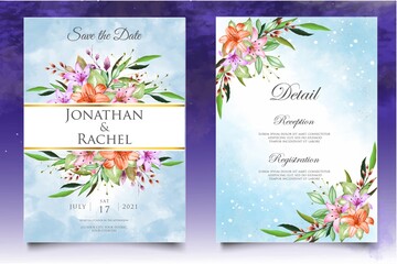 Watercolor wedding invitation floral and leaves card template