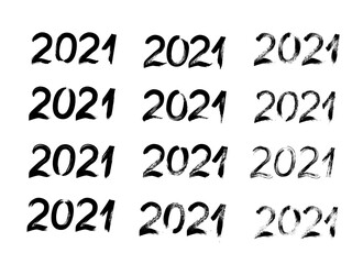 2021 Hand drawn numbers with brush isolated on white. Vector set of 12 handwritten textured figures for New Year or Holidays party. Grunge calligraphy lettering. Easy to edit template for your design