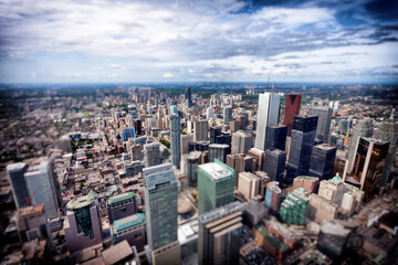 Aerial view of modern skyscrapers and office buildings in Toronto financial district, Ontario, Canada.