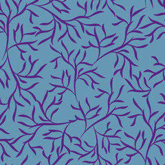 Blue with purple outline branches and their leaves seamless pattern background design.