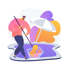 Pool and outdoor cleaning abstract concept vector illustration. Swimming pool chemicals, outdoor maintenance company, deck cleaner, patio polishing service, tools and equipment abstract metaphor.