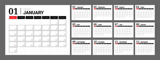2021 Calendar with Sunday First Day of the Week