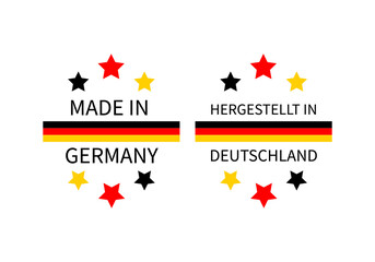 Made in Germany labels in English and in German languages . Quality mark vector icon. Perfect for logo design, tags, badges, stickers, emblem, product package, etc.