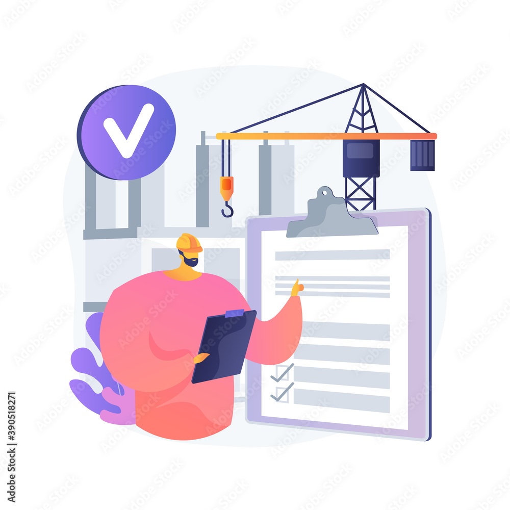 Poster construction quality control abstract concept vector illustration. quality management, building prog