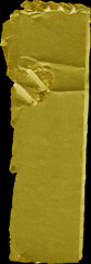 Close up of a yellow vintage torn sheet of carton. Cardboard paper texture with a blank background. Empty papercraft surface. Isolated shape and element.