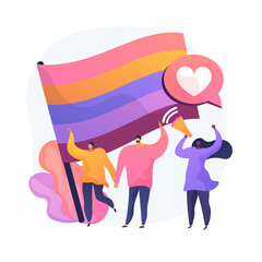 LGBT pride. Gay equality. Lesbian, gay, bisexual, transgender. Homosexual people with colorful rainbow flag picketing. LGBT rights movement. Vector isolated concept metaphor illustration