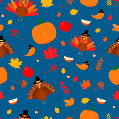 Fototapeta na wymiar Thanksgiving day seamless pattern. Cute cartoon seasonal elements. Easy to edit vector template for greeting card, poster, banner, flyer, fabric, t-shirt