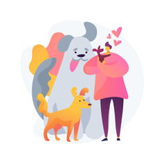 Dogs friendly area. Pet lovers space, domestic animals hotel, canine center. Volunteer, animals protection activist playing with puppies. Vector isolated concept metaphor illustration