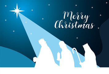 Fototapeta premium nativity, manger scene glowing star with wise kings in silhouette