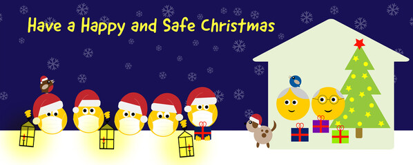 Group of happy emojis in Christmas hats and face masks with dog and birds social distance visiting seniors at home, Have a happy and safe christmas text