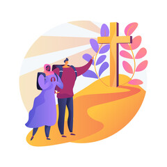 Christian pilgrimages abstract concept vector illustration. Go on pilgrimage, visit saint places, seeking god, christian nuns, monks in monastery, religious procession, prayer abstract metaphor.