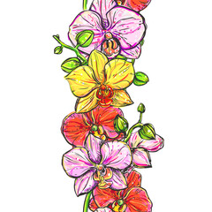 flowers seamless pattern of orchid. vector hand drawn illustration on white background. sketch.