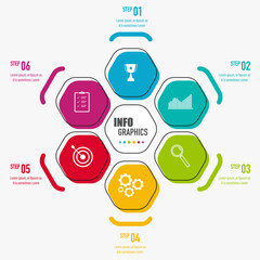 Modern infographics design with 6 options in polygon shape with business icons and text box, presentation and web template