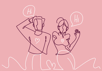 young couple talking romantic continuous line, isolated design, pink background