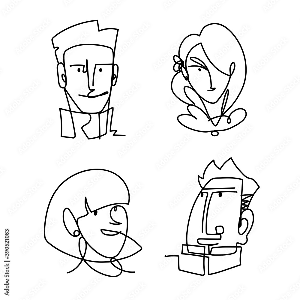 Wall mural set icons faces people continuous line, isolated design