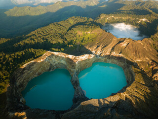 Kelimutu mountain crater lakes drone aerial view in Indonesia 