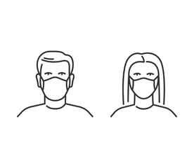 Man and woman wearing medical face masks. Front view. Male and female line avatar design.