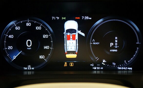 Philadelphia, Pennsylvania, U.S.A - February 9, 2020 - The digital odometer of the 2020 Volvo XC60 Plug-in Hybrid electric SUV