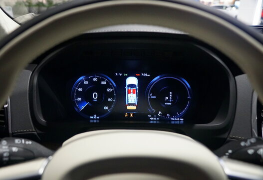 Philadelphia, Pennsylvania, U.S.A - February 9, 2020 - The digital odometer of the 2020 Volvo XC60 Plug-in Hybrid electric SUV