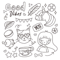 Cute girl and unicorn doodle hand drawn set collection