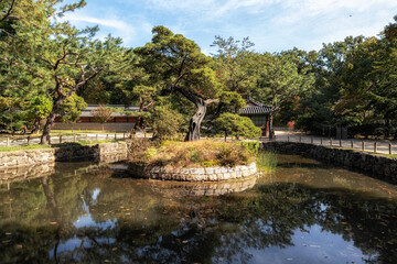 Fototapeta na wymiar Shrine and pond in Jongmyo Shrine