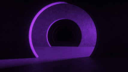 Abstract illuminated empty corridor interior made of gray concrete. Glowing purple lines with shadow, violet light rays. Hallway arch tunnel corridor on dark background. 3d rendering
