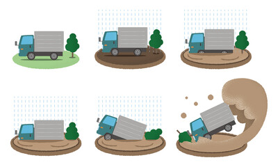 水害に遭う緑色のトラックのベクターイラストセット