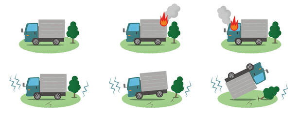 地震・火事の被害に遭う緑色のトラックのベクターイラストセット