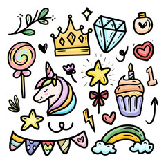 Cute kawaii sticker cartoon set item with unicorn vector icon