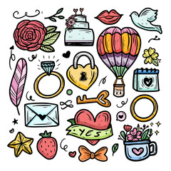 Cute kawaii sticker cartoon set item with wedding icon vector icon