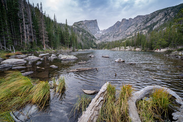 Dream Lake in Rocky Mountain National Park in Colorado on an overcast autumn day