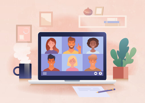 Virtual Online Group Meeting Via Video Conference From Home. Using Laptop Computer Chatting With Colleagues Online In Cozy Home Office. Vector Illustration