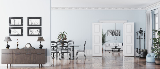 Modern interior of apartment, dining room with table and chairs, living room with sofa, hall, panorama 3d rendering