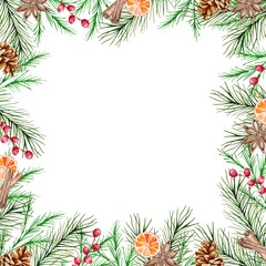 Watercolor Christmas frame with winter fir and pine branches