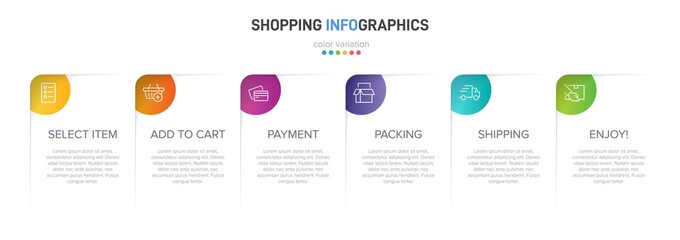 Concept of shopping process with 6 successive steps. Six colorful graphic elements. Timeline design for brochure, presentation, web site. Infographic design layout.