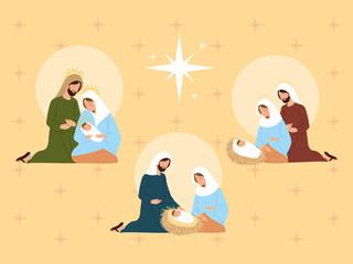 nativity, different holy family together manger scene
