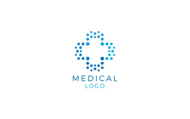 Medical logo formed from a set of dots that make up the negative space of the medical cross symbol