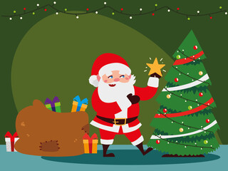 christmas santa claus decorating tree with star, gifts bag and lights