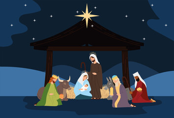 nativity, manger scene holy family wise kings ox donkey in the night