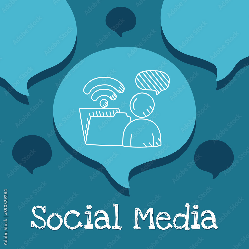 Poster social media design with speech bubble with avatar man with file folder, line style