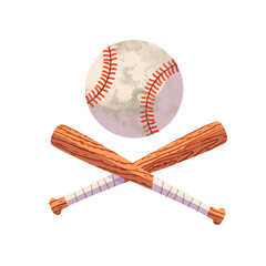 crossed baseball bats and ball, cartoon flat modern style, isolated vector illustration. Design for stickers, logo, web and mobile app.